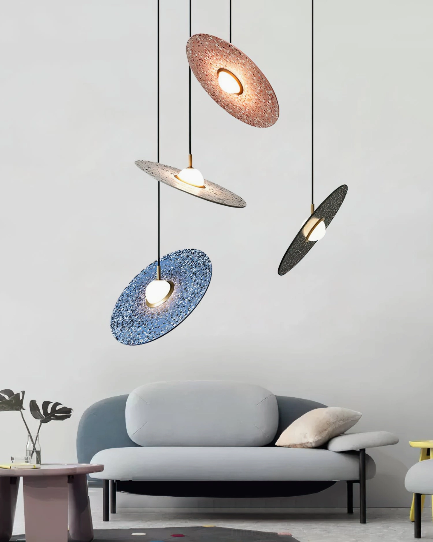 Planet terrazzo disc pendant lamp detail shot showing textured speckled material finish