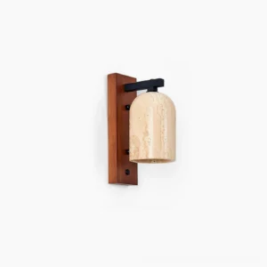 Tersus travertine wall sconce with walnut wood base and blackened metal fixtures, front studio view
