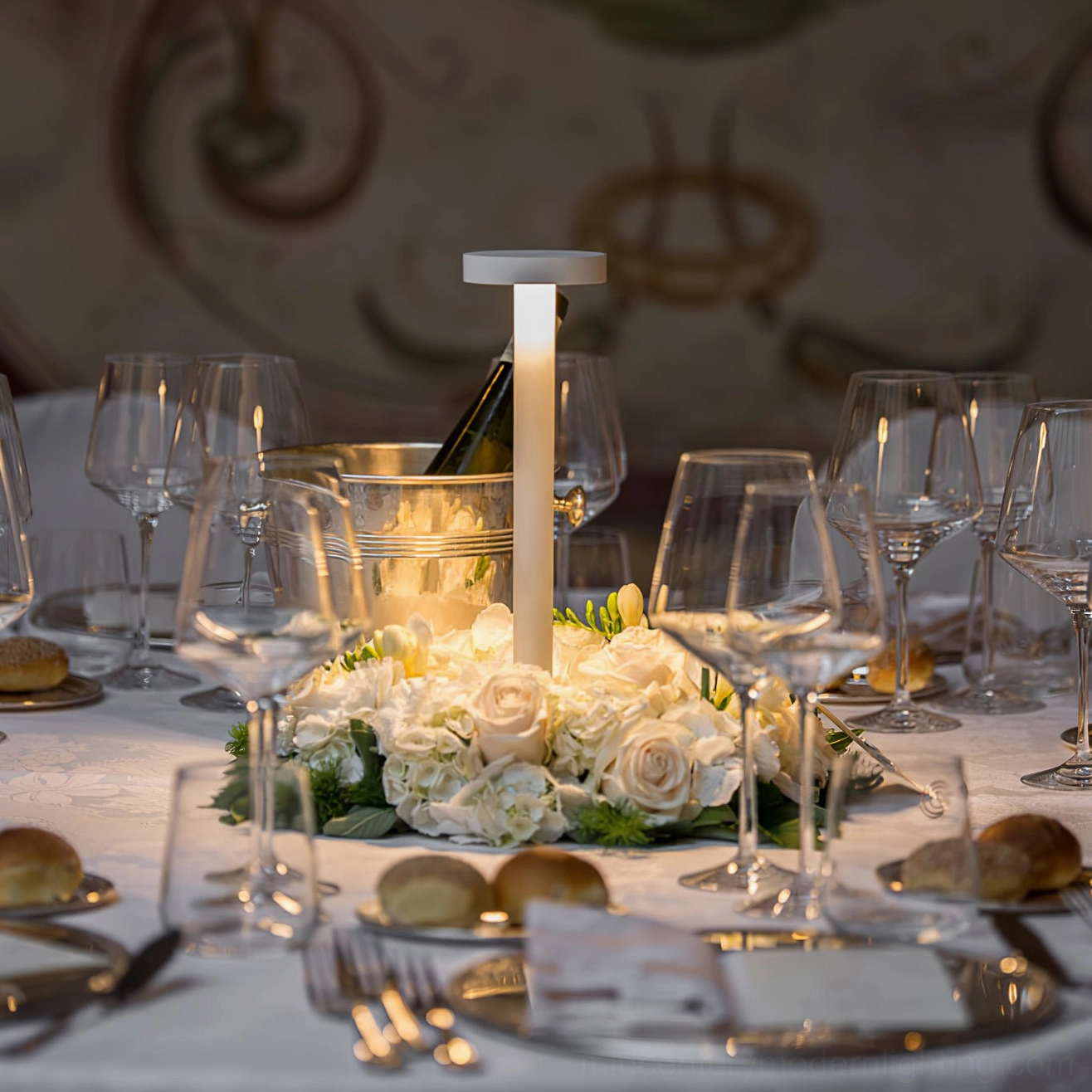 Tetatet portable LED lamp overhead table view formal dinner centerpiece with flowers