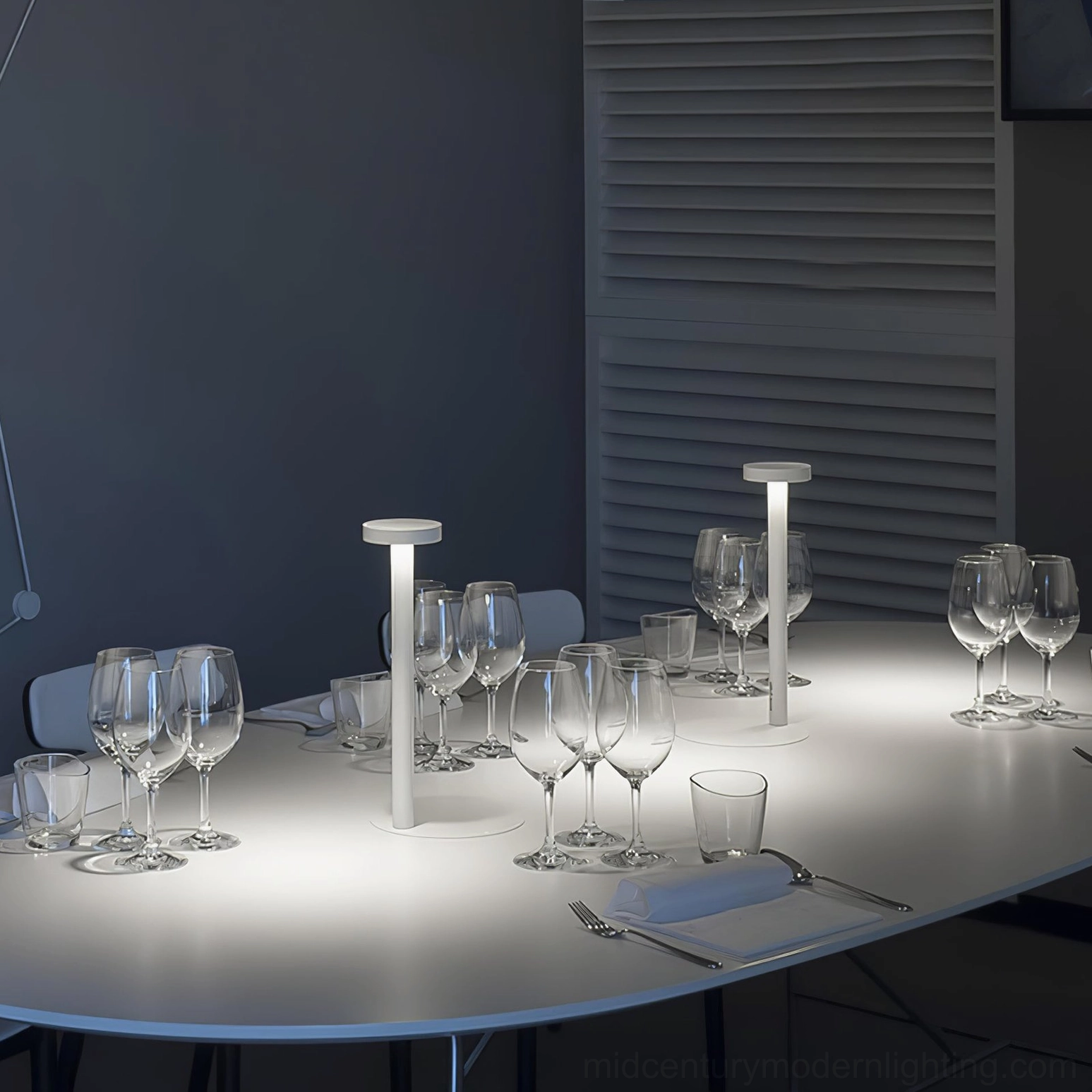 Multiple Tetatet cordless lamps group setup indoor dining room overhead table view