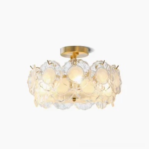 Textured glass ceiling lamp with brass finish and embossed ripple pattern on clean white background showing full front view