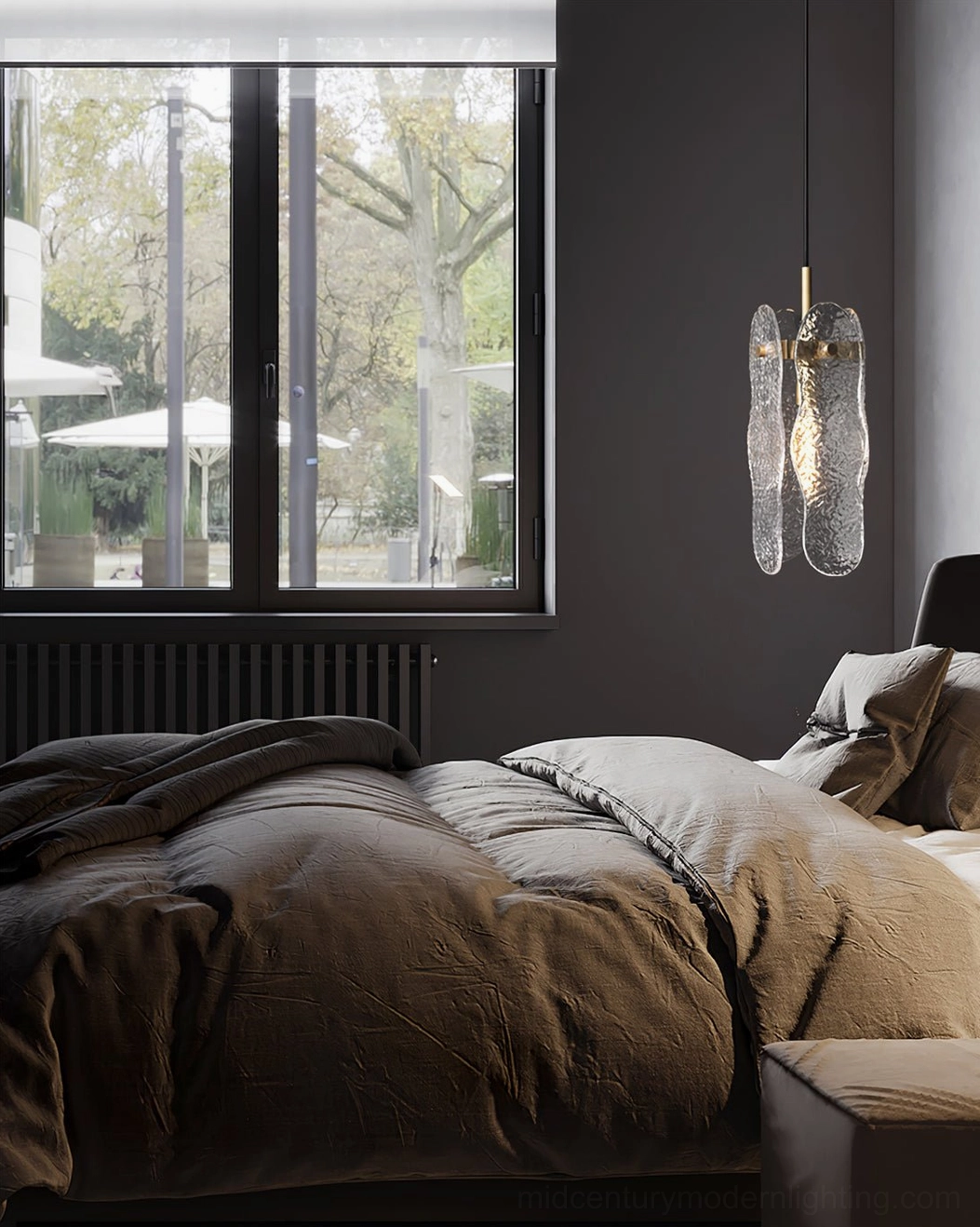 Modern textured glass pendant warm ambient bedroom environment