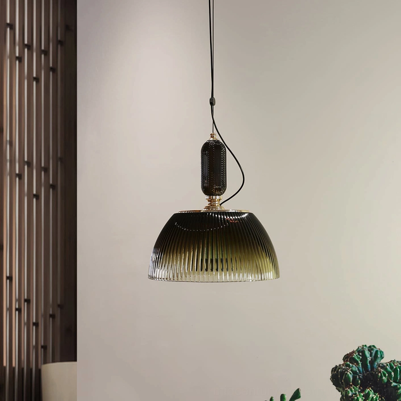 Mid-century modern hanging lamp showing how textured ribbed glass diffuses light creates depth shadows