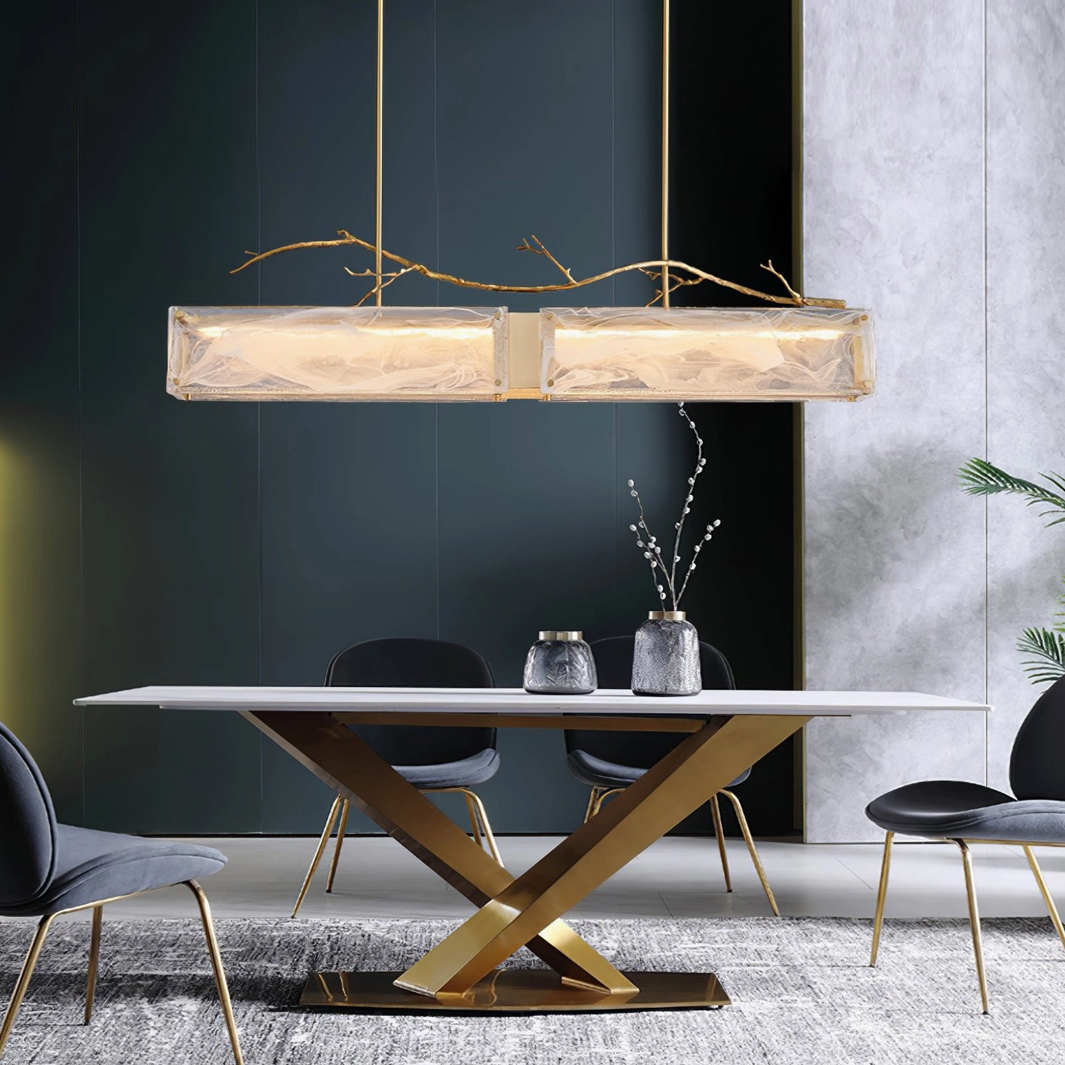 Thalassa marbled glass branch chandelier in minimalist modern dining area with gold metal suspension above dining table