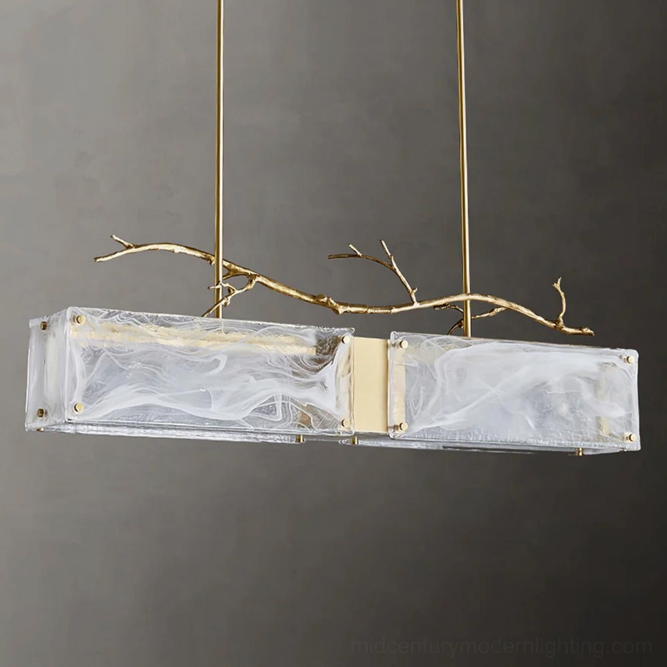 Thalassa linear glass branch chandelier isolated product view showing complete fixture assembly with all brass and glass components