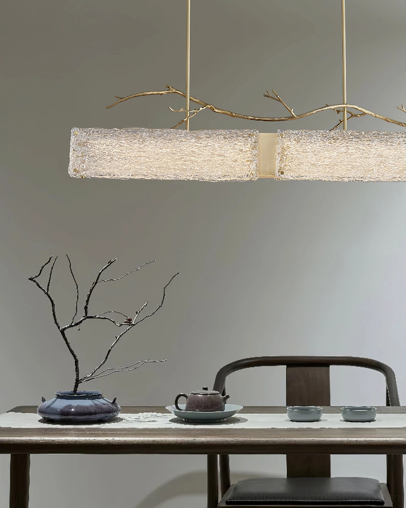 Thalassa linear marbled glass chandelier product photography showing dual rectangular glass shade configuration with brass accents