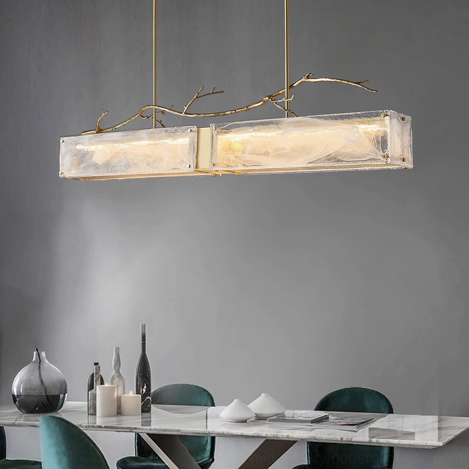Thalassa linear glass branch chandelier full fixture detail shot showing brass construction and textured glass composition