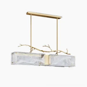 Thalassa linear glass branch chandelier overhead view showing dual rectangular marbled glass shades with brass hardware on white studio background