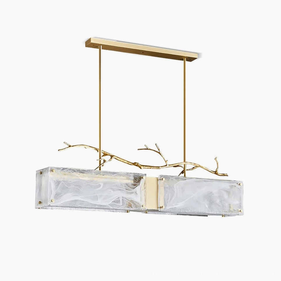 Thalassa linear glass branch chandelier overhead view showing dual rectangular marbled glass shades with brass hardware on white studio background