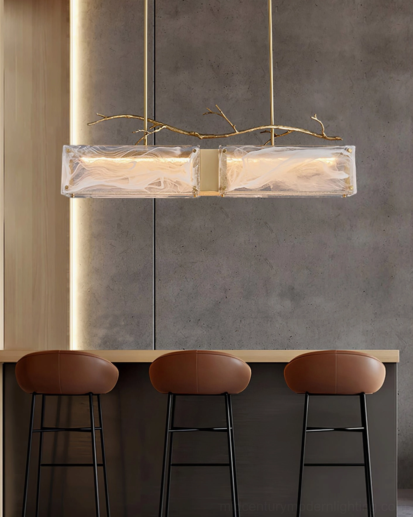 Thalassa linear glass branch chandelier installed interior space showing warm integrated LED illumination and glass texturing