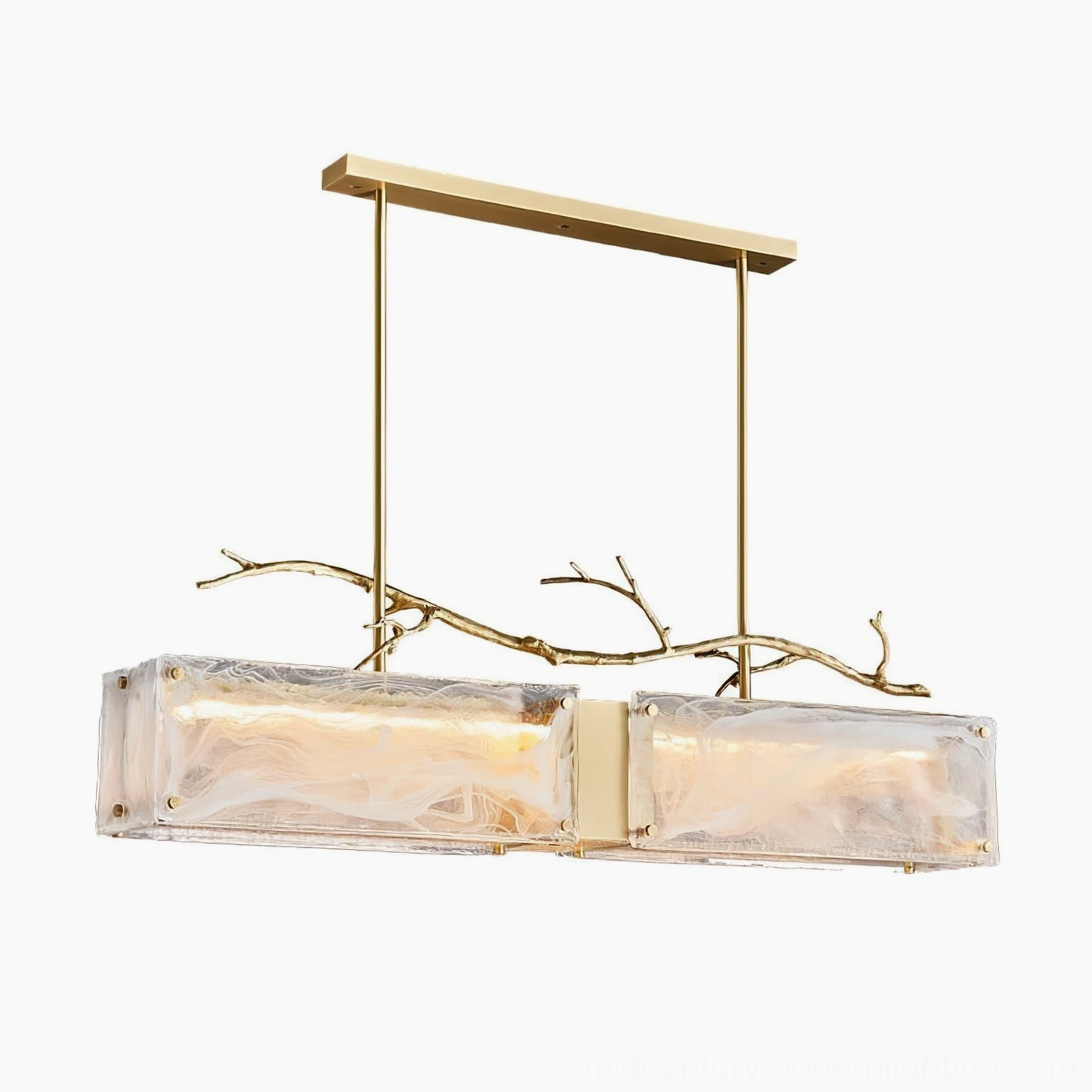 Thalassa brass and marbled glass branch chandelier showing light transmission through textured glass creating soft ambient illumination
