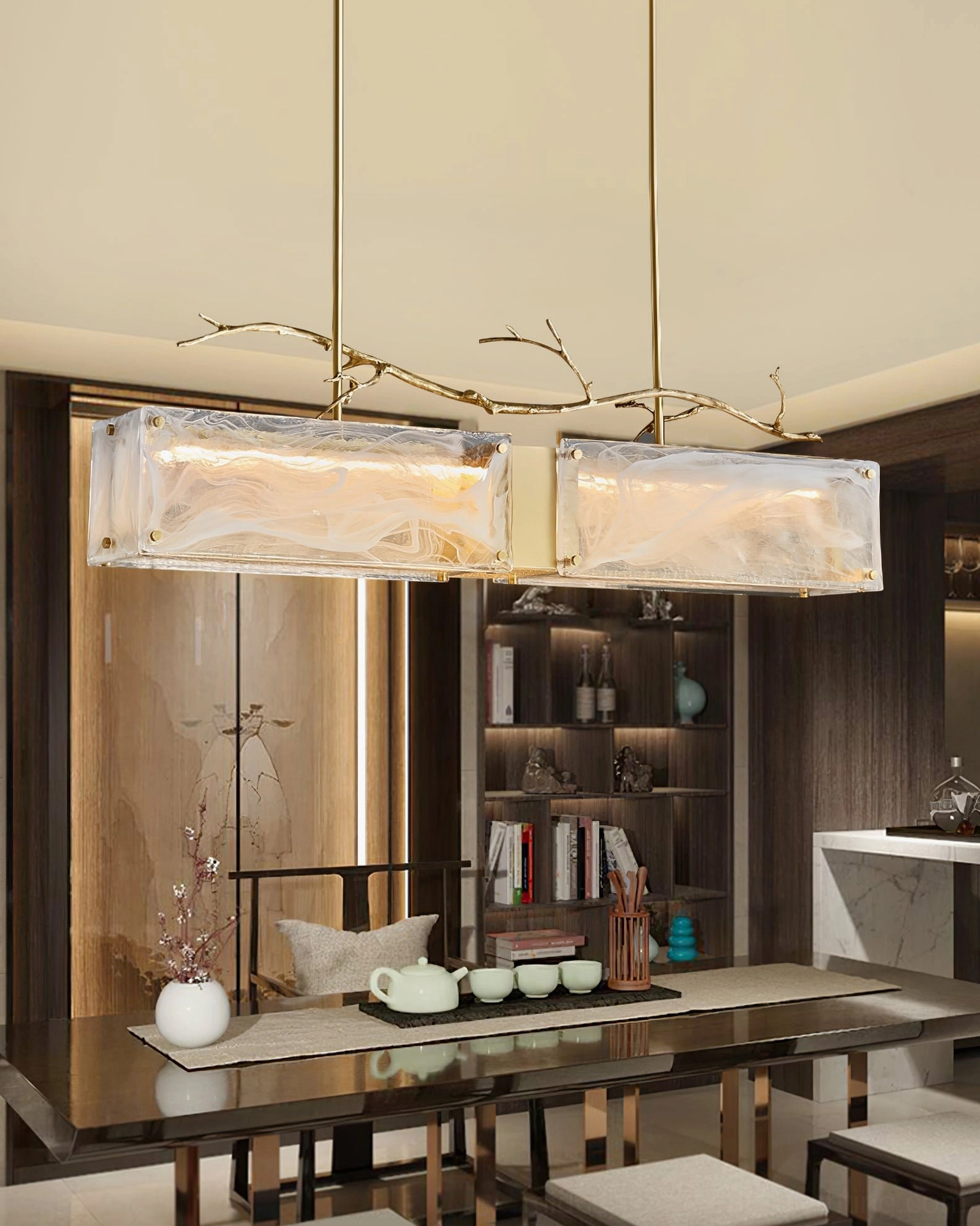 Thalassa modern linear glass pendant light fixture showing complete assembly and brass suspension hardware configuration