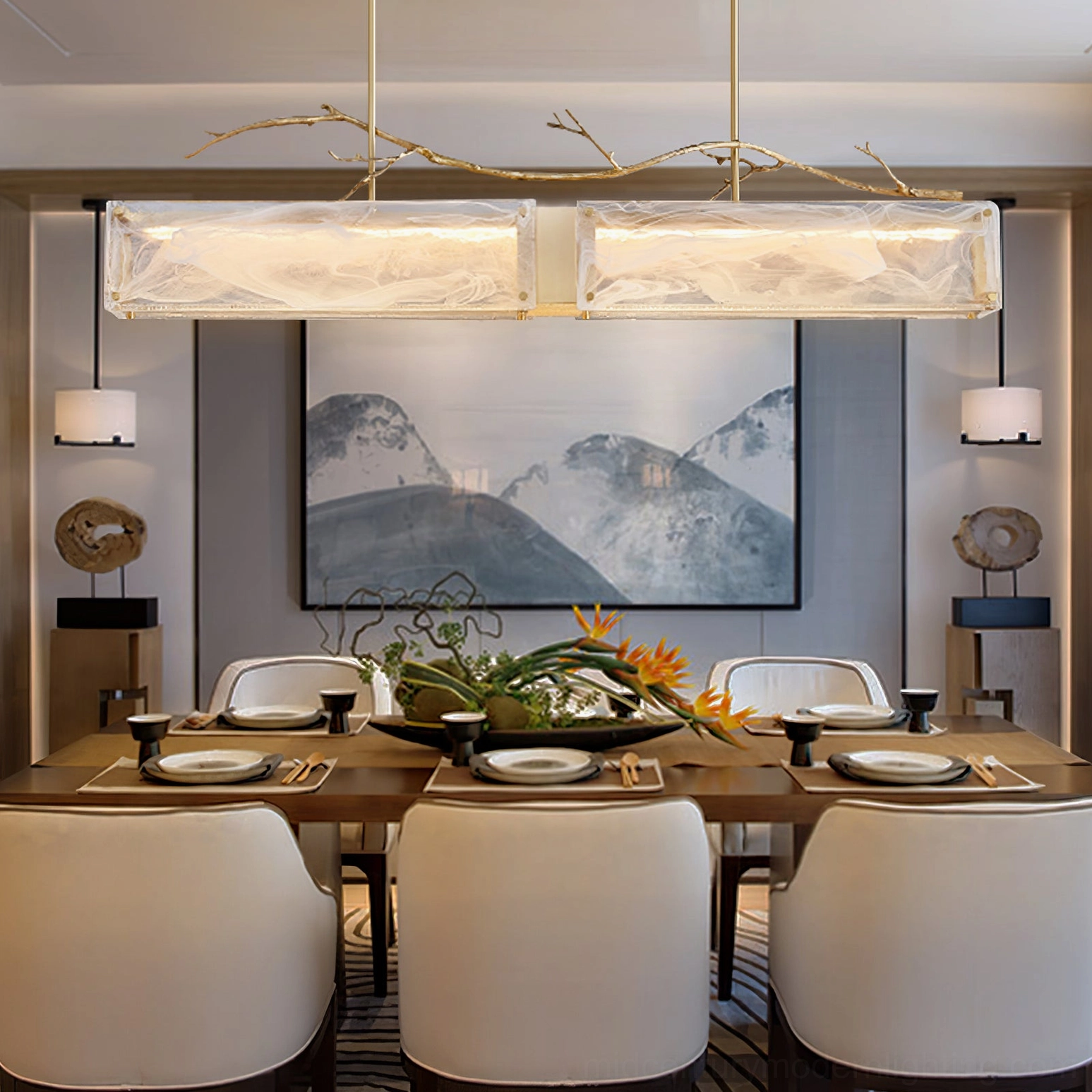 Thalassa marbled glass branch chandelier in luxury formal dining room with white marbled glass shades and warm gold hardware