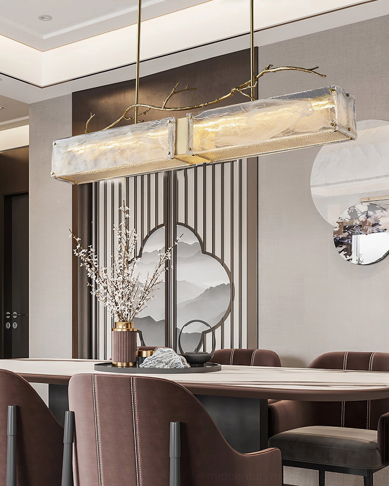 Thalassa glass branch pendant light showing marbled glass texture variations and light diffusion characteristics under LED illumination