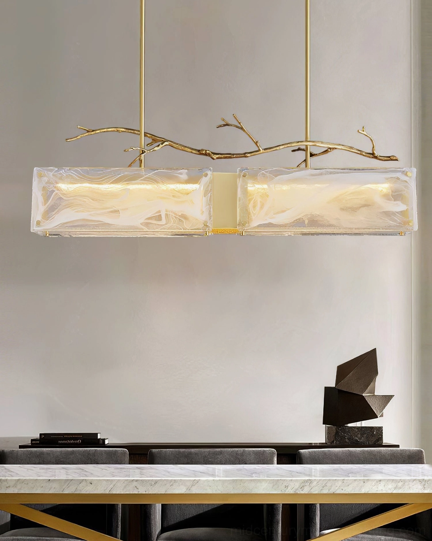 Thalassa linear glass branch chandelier mounted perspective showing height proportions and visual impact in modern interior