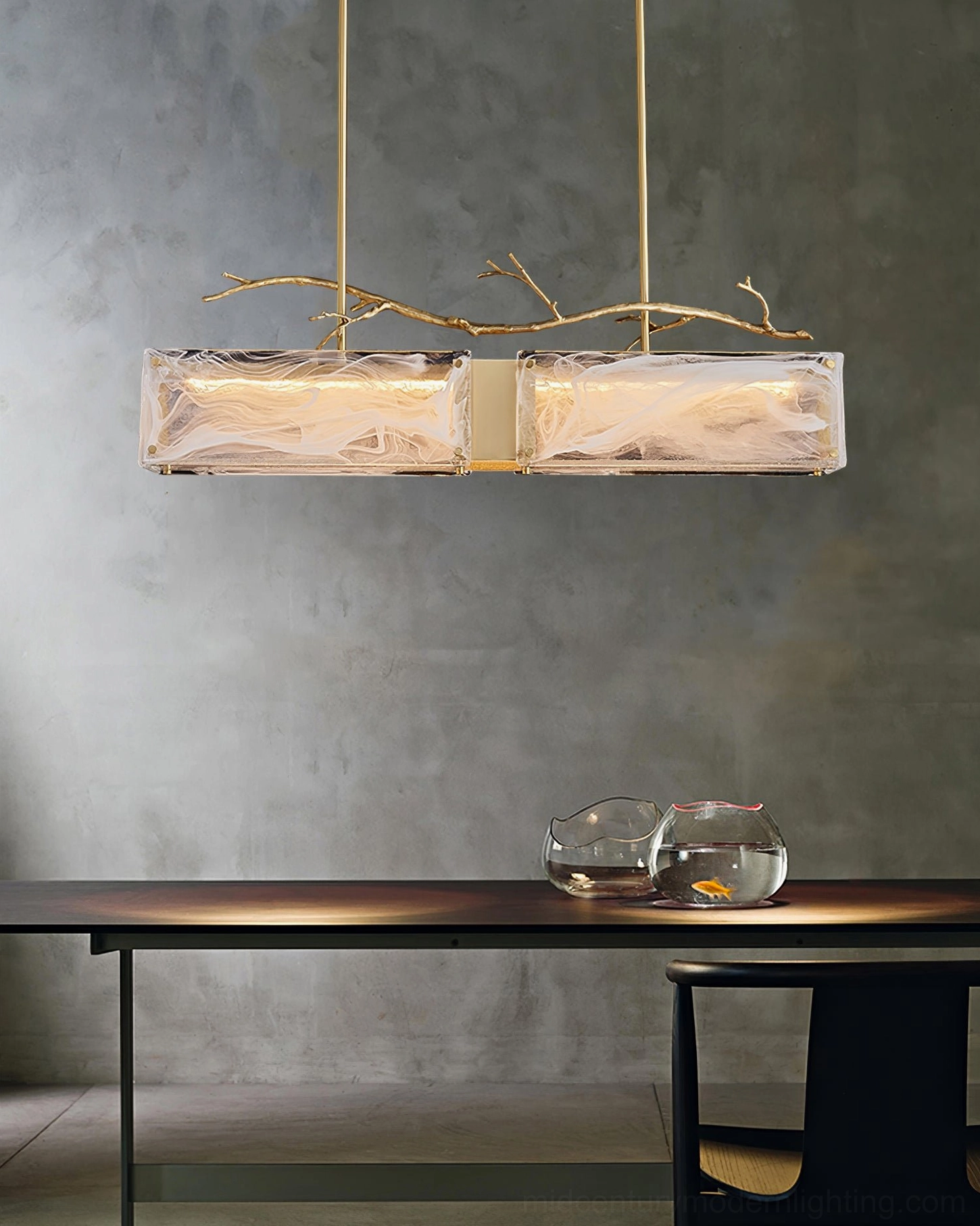 Thalassa modern glass branch pendant light showing full fixture profile and sculptural branch form design language