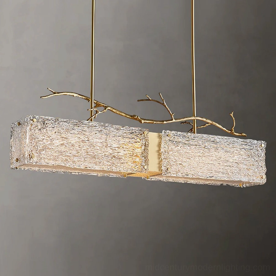 Thalassa glass branch pendant light side profile photograph showing brass boom construction and suspended glass shade arrangement