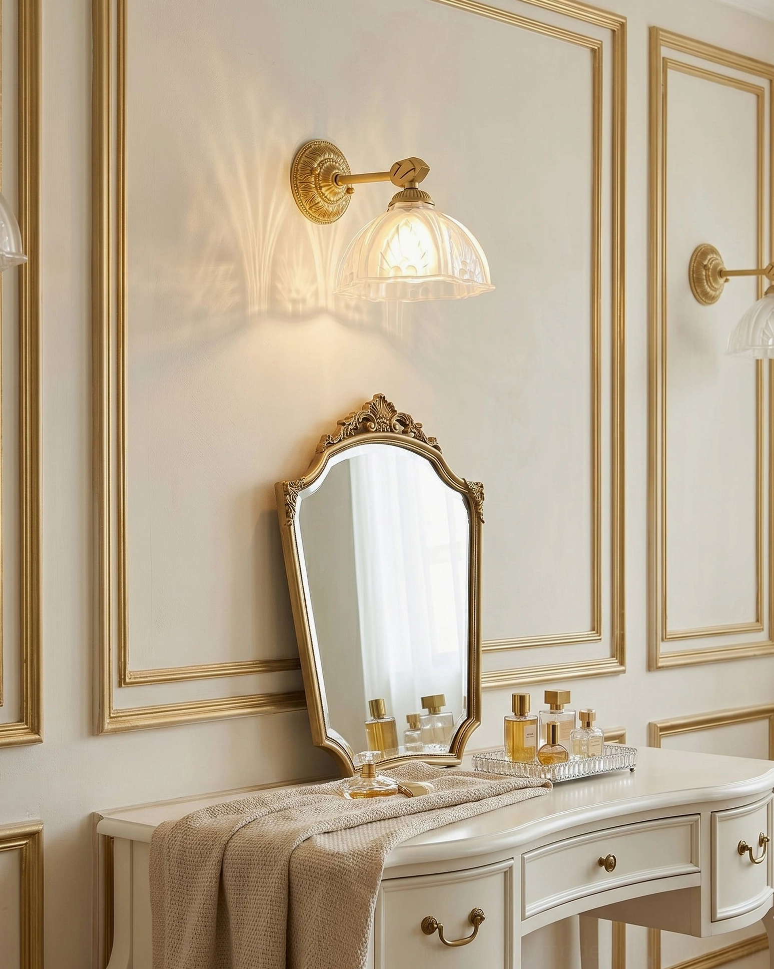 Thayer brass wall sconce detail view showing ornate floral vine base and bell-shaped embossed glass