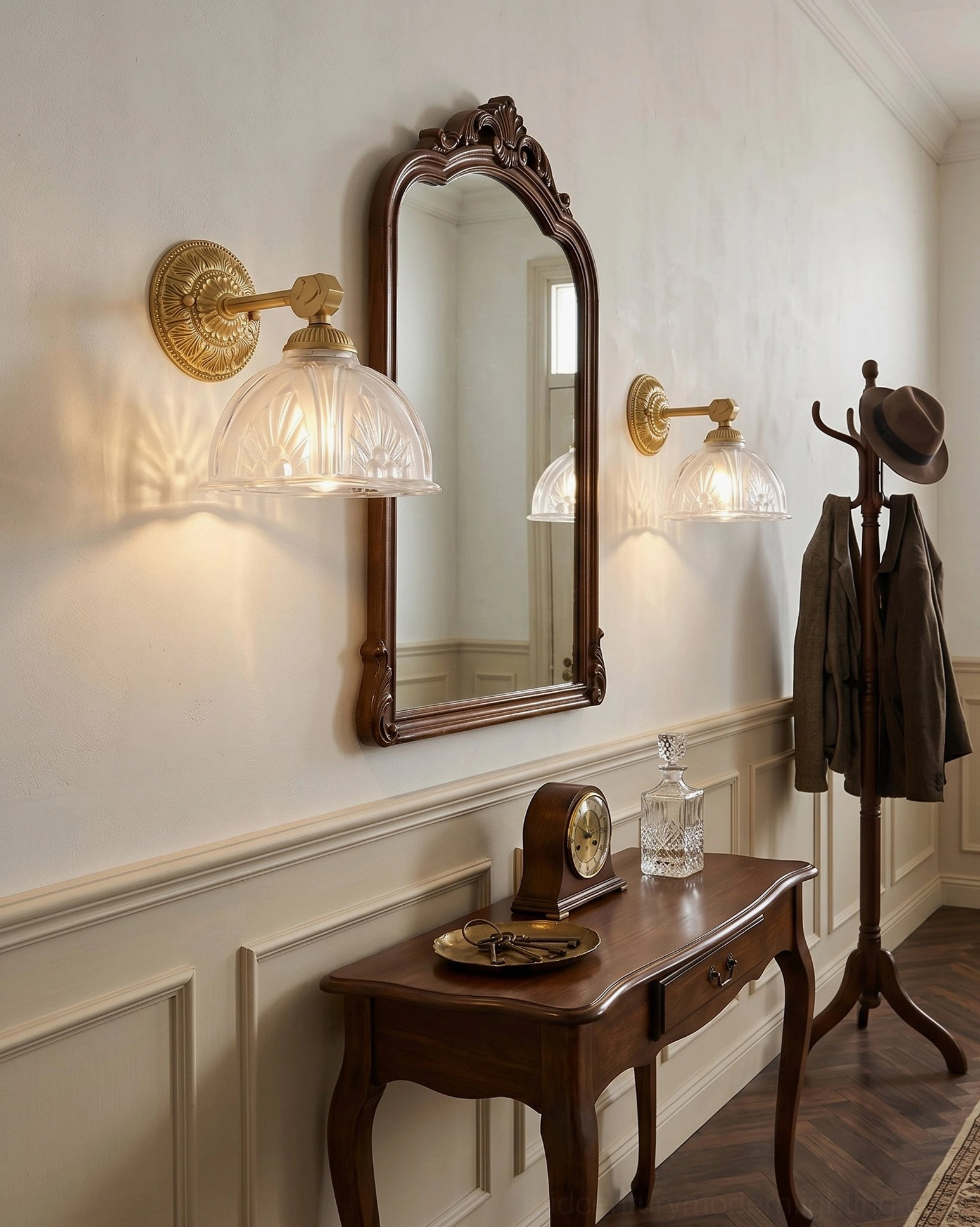 Thayer brass wall sconce beside ornate mirror and coat rack in classic vintage entryway
