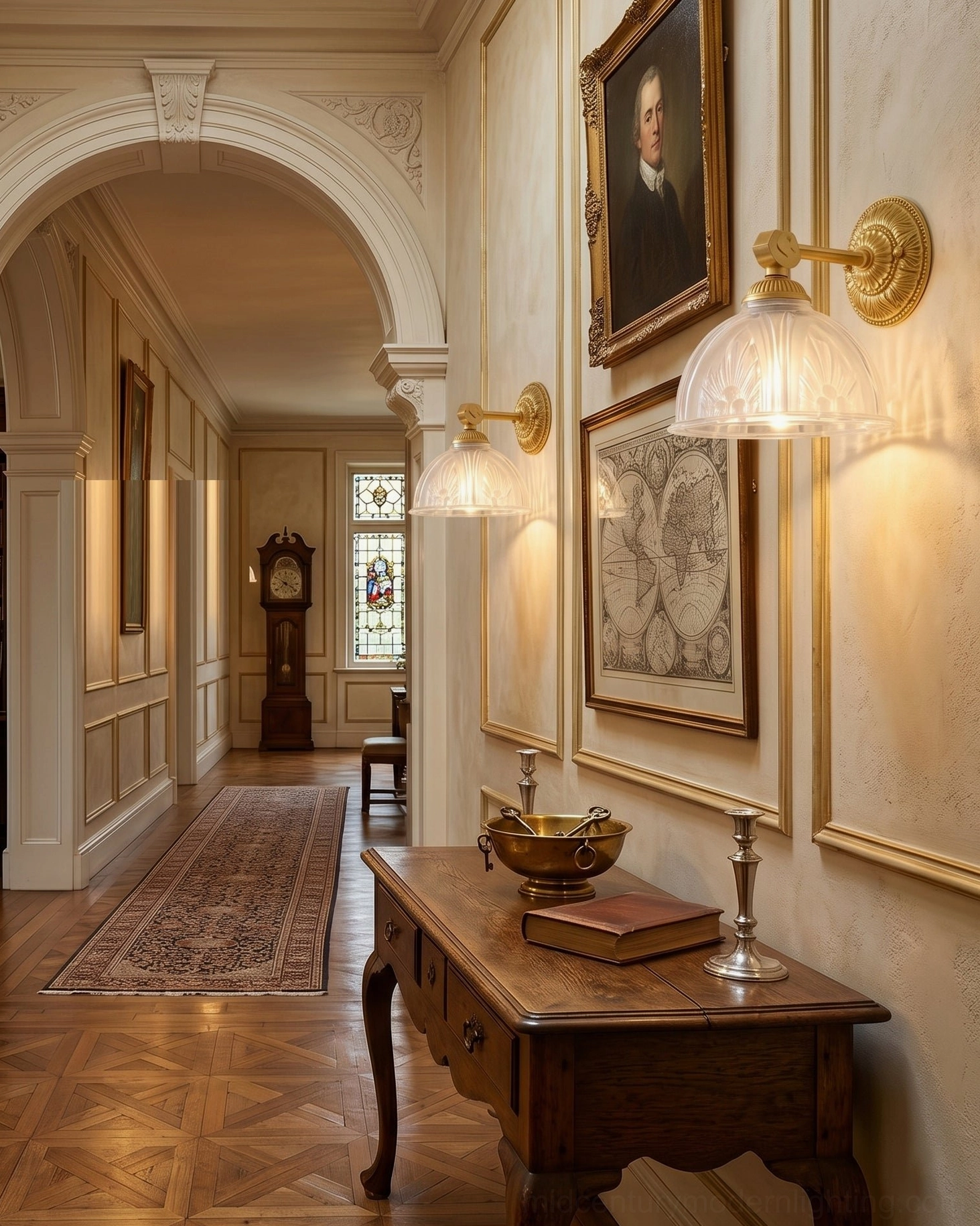 Pair of Thayer brass wall sconces in classic mansion hallway with framed wall art and wooden vanity