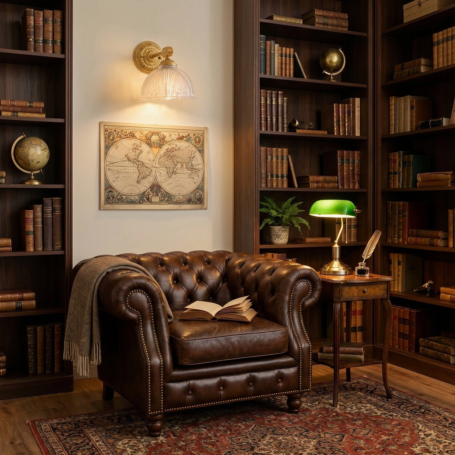 Thayer brass wall sconce in vintage library room with tufted leather armchair and bookshelf