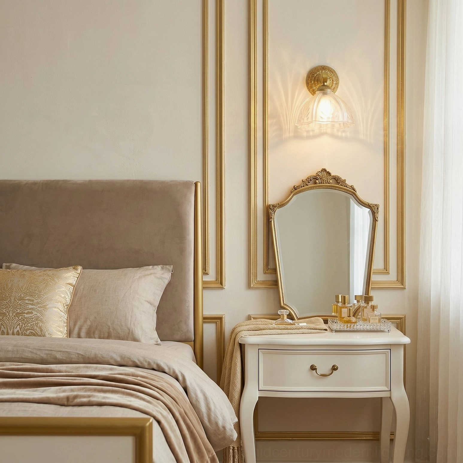 Thayer brass wall sconce with embossed glass shade in luxury bedroom with gold-trimmed wall paneling
