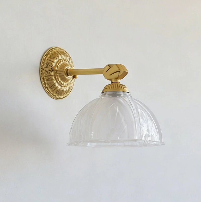 Thayer brass wall sconce single fixture profile 8.3 inches projection with embossed glass shade