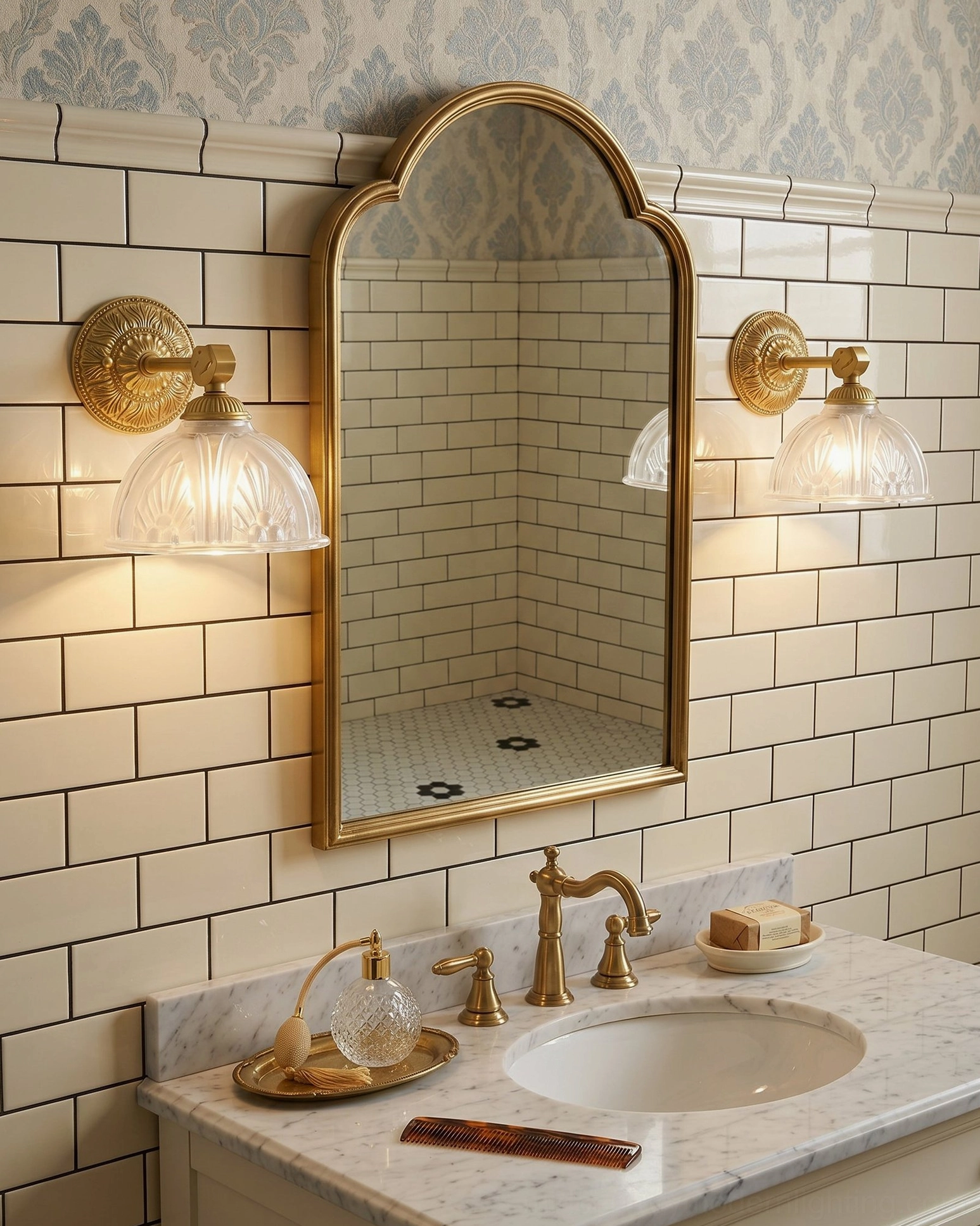 Pair of Thayer vintage brass sconces flanking arched bathroom mirror with cream subway tile