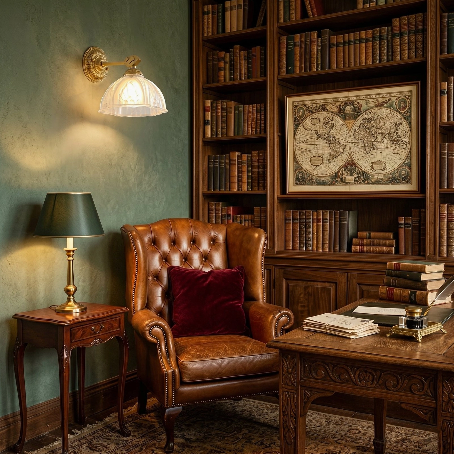Thayer brass wall sconce mounted in vintage home study corner with green accent wall and leather furniture