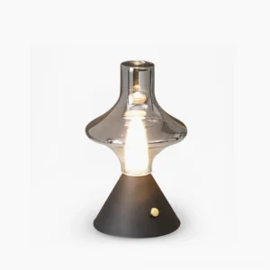 Black Theater rechargeable LED table lamp with clear glass shade, front studio view