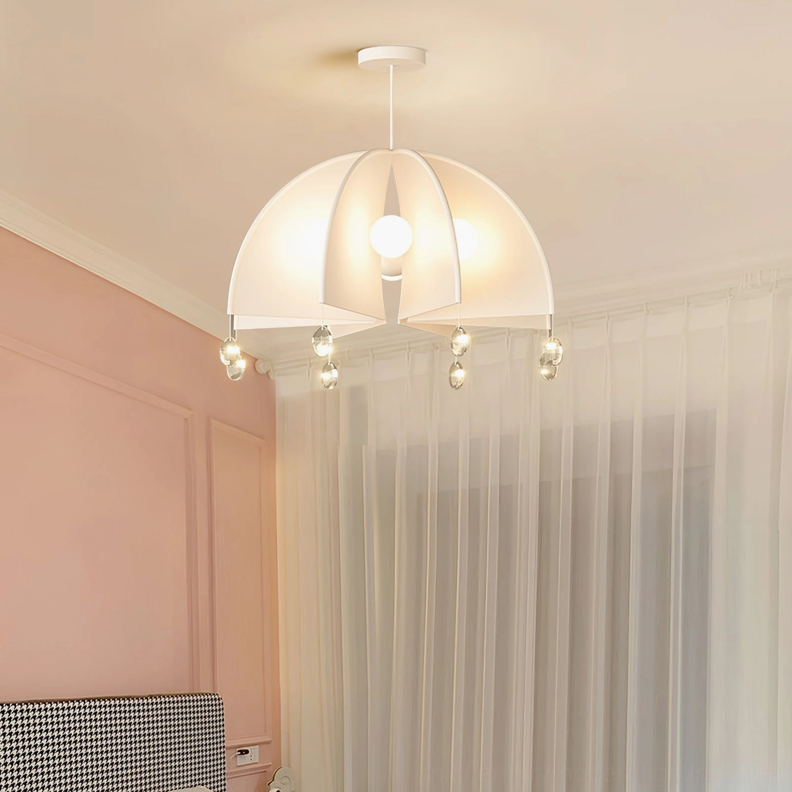 Thera ceiling pendant in cozy bedroom with pink accent wall - soft ambient light creating romantic atmosphere