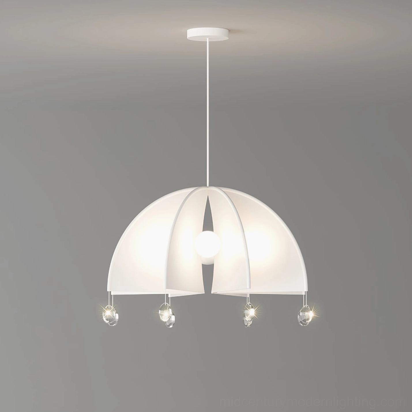 Thera crystal pendant light hanging detail - suspended crystal ornaments creating interplay of light and shadow