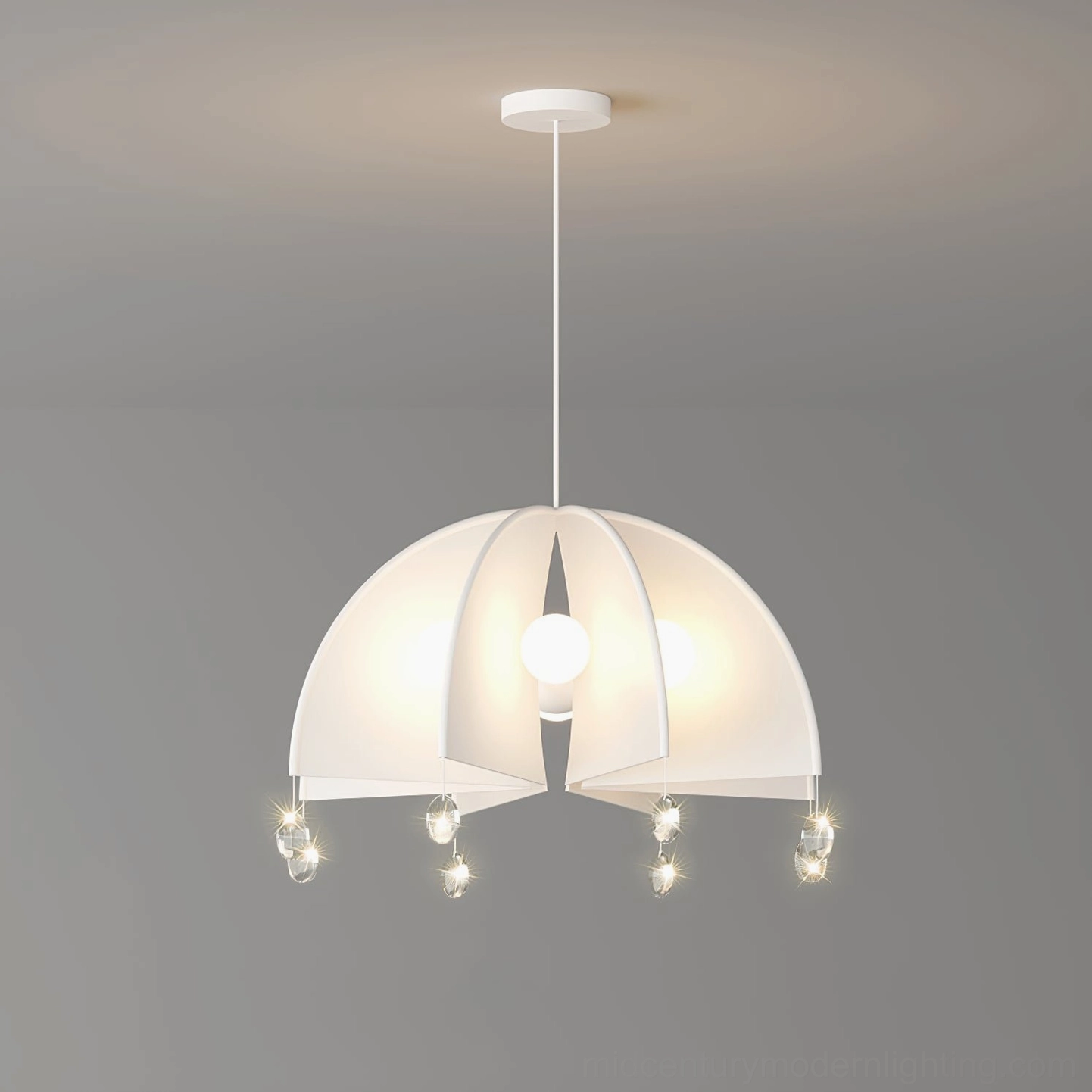 Thera dome pendant with cascading crystal ornaments - three-quarter view showing matte white finish and suspended details