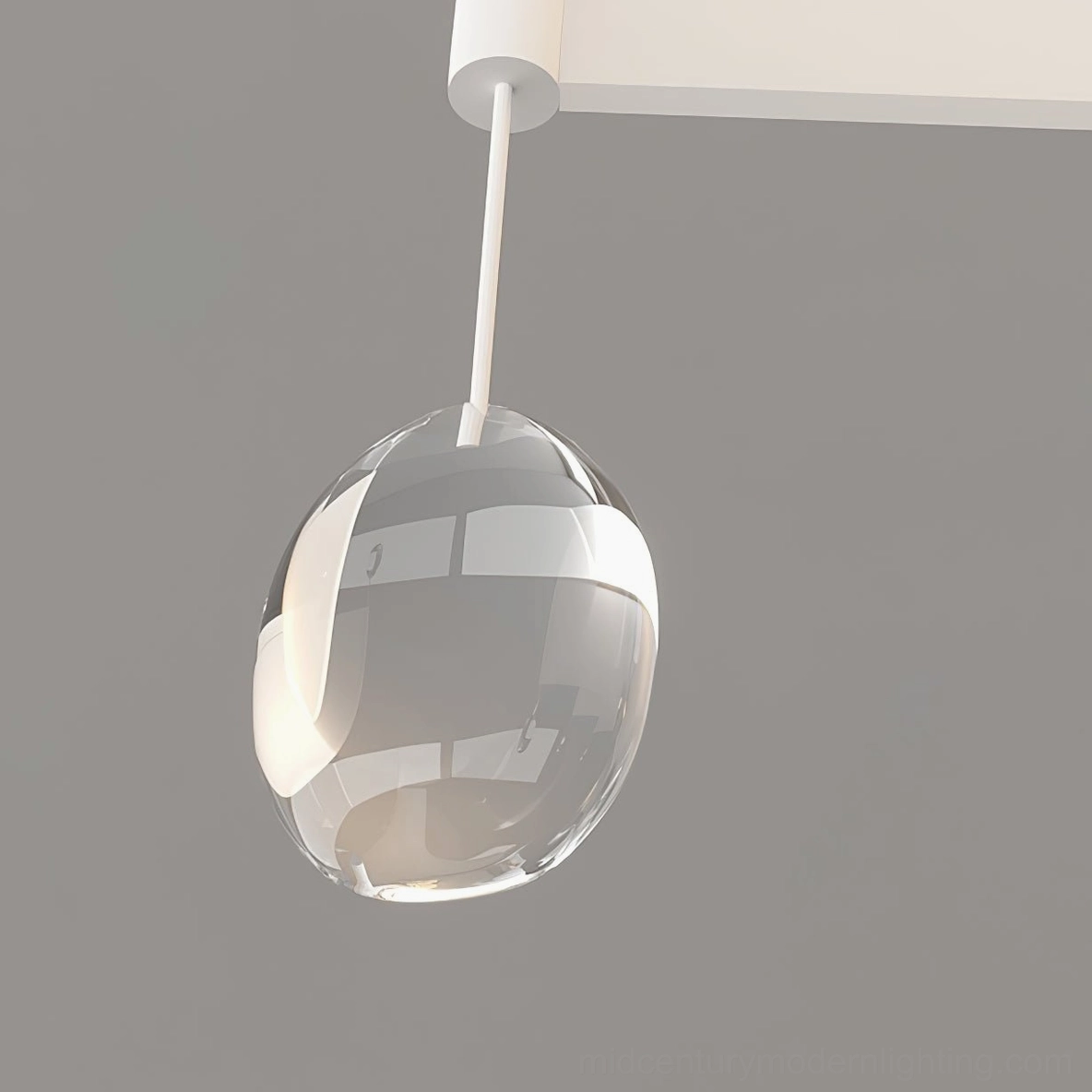 Thera modern white pendant light with crystal cascade - close-up detail view of dome and suspended ornaments