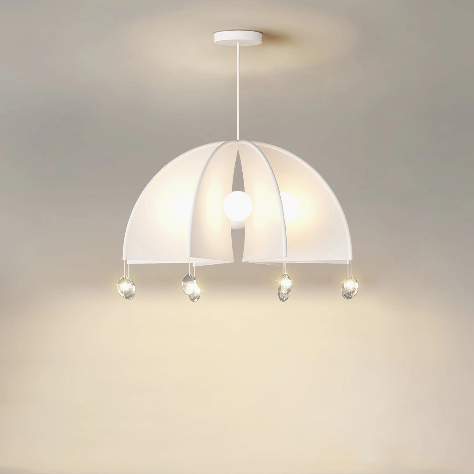 Thera pendant lamp ceiling installation view - warm minimalist design with glowing LED bulb illumination