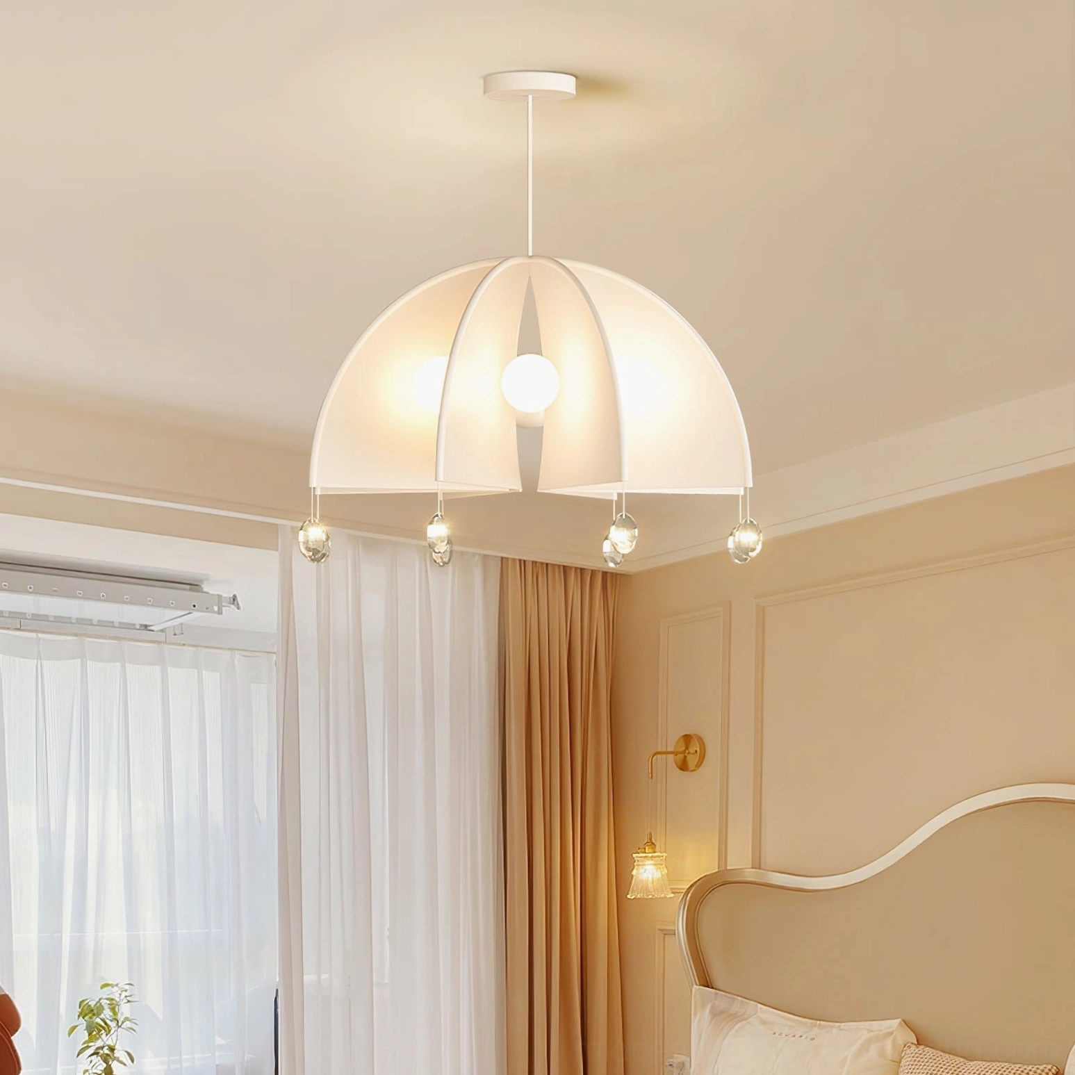 Thera pendant light in cozy modern bedroom interior - warm ambient lighting creating inviting atmosphere