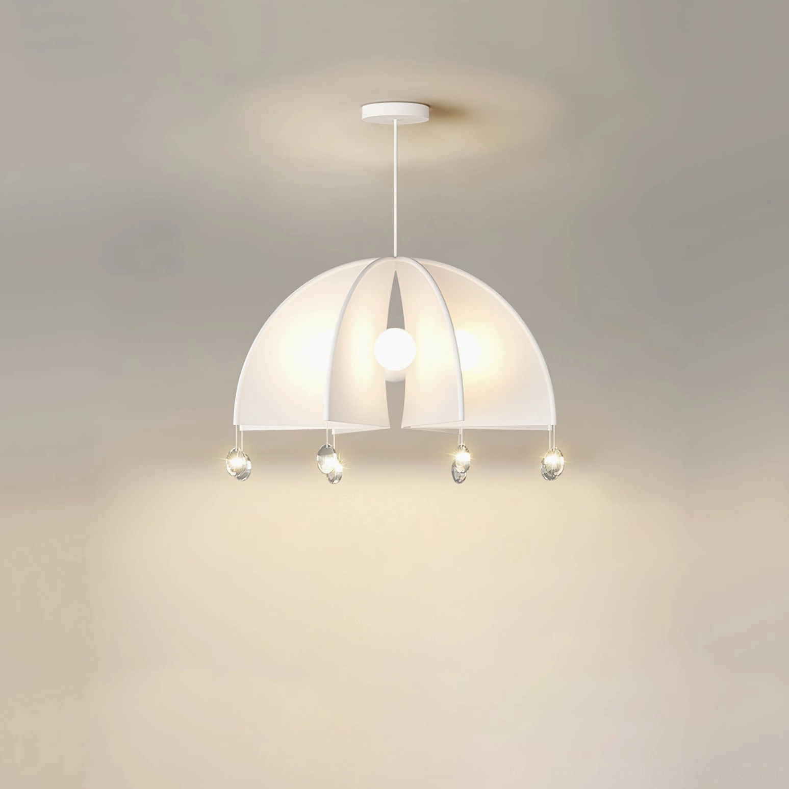 Thera pendant light size and scale reference - dome design proportions with detailed crystal ornament visibility