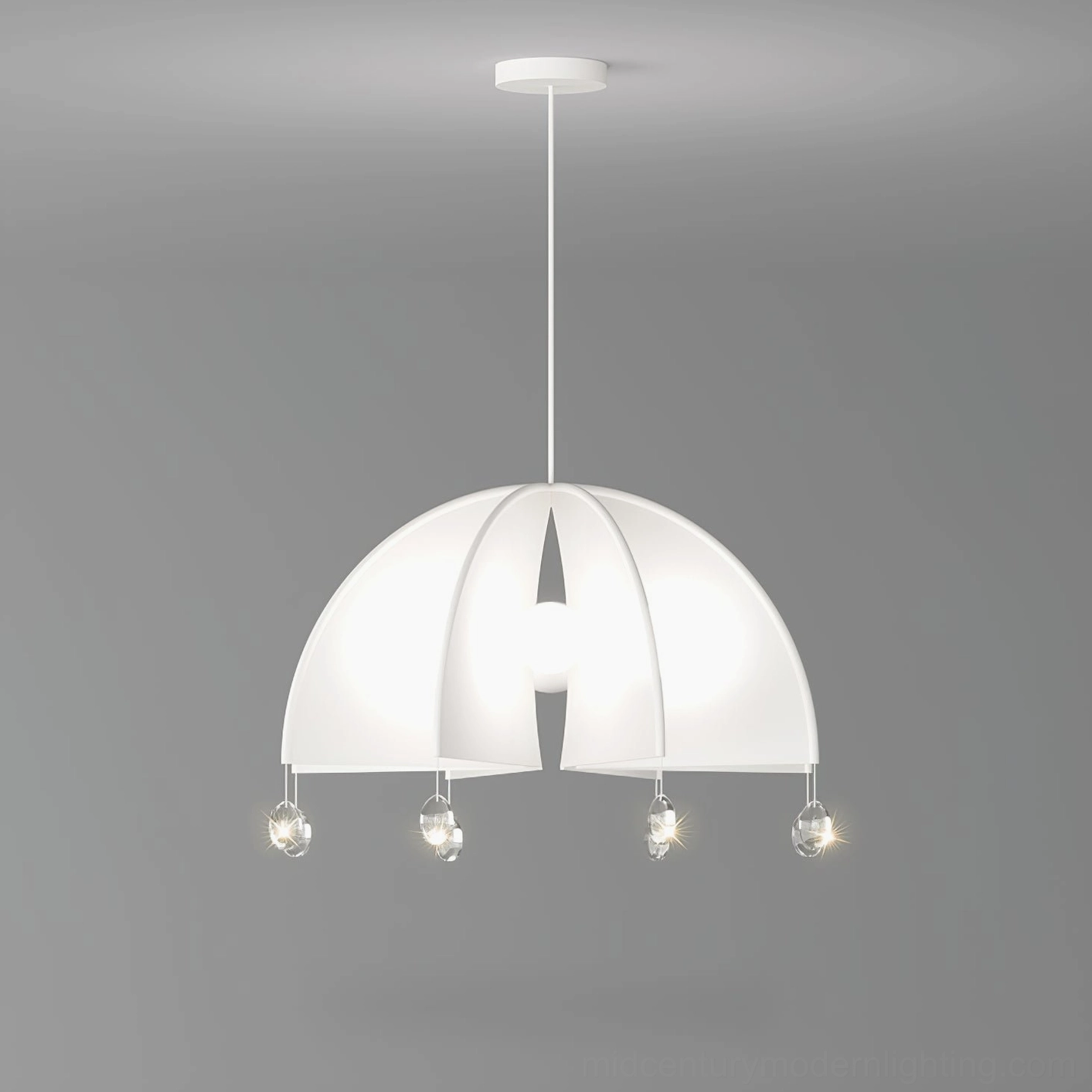 Thera white pendant illuminated in modern interior - soft downward light distribution showcasing anti-glare dome technology