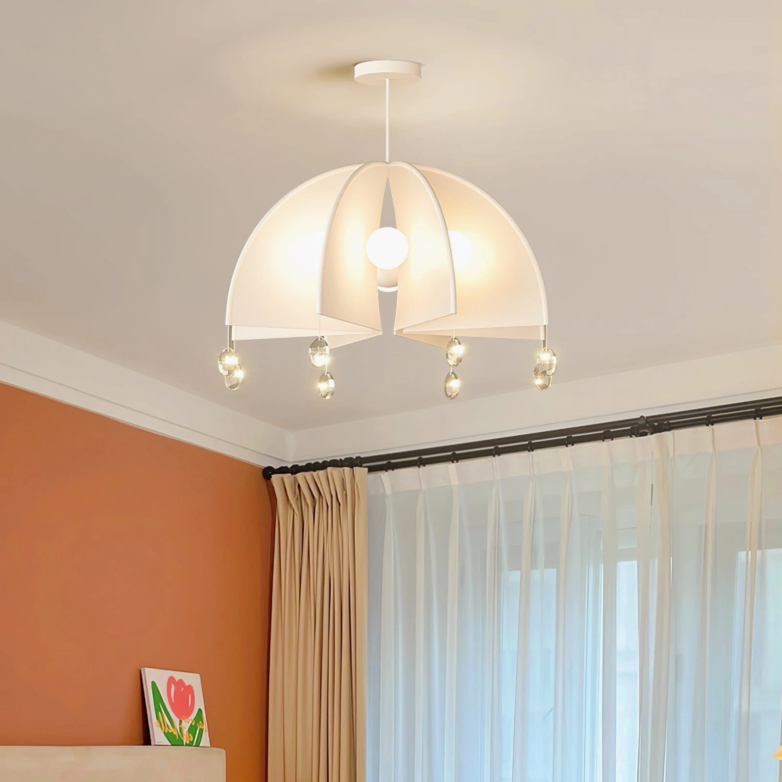 Thera white pendant lamp overhead view - minimalist warm home styling with terracotta accent wall