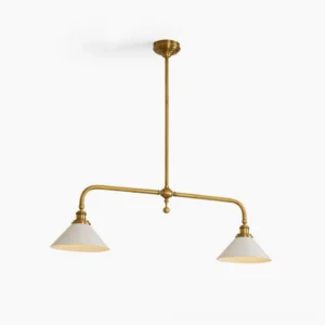 Theron mid-century brass chandelier with dual conical white shades, frontal studio view showcasing symmetrical linear design and brushed brass finish