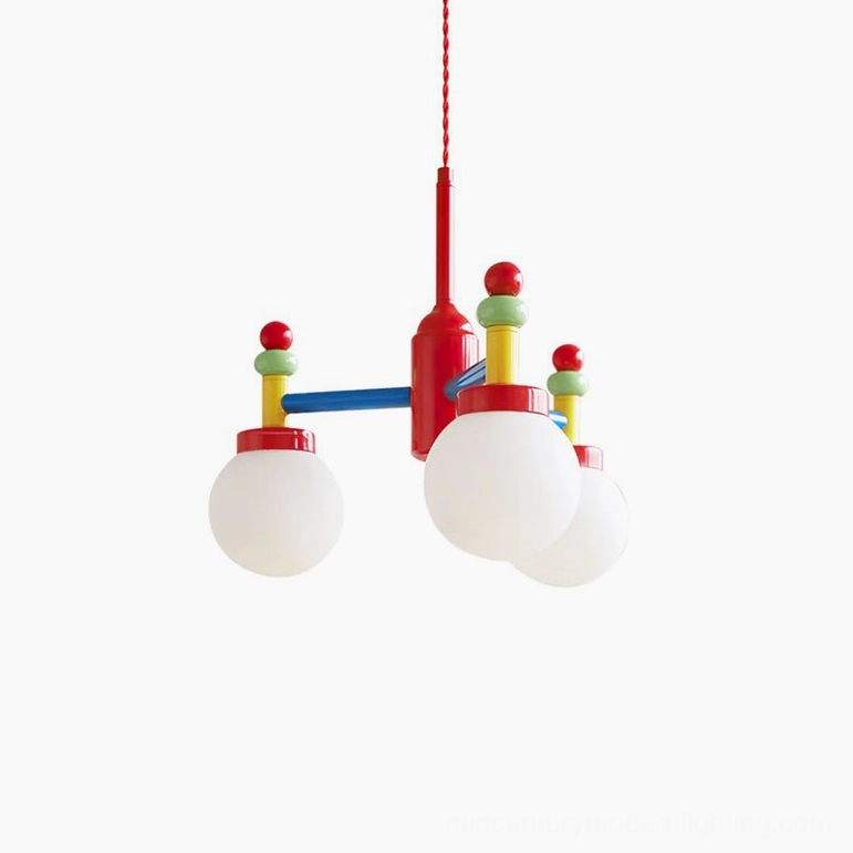 Three-head colorful pendant light configuration on white background product shot