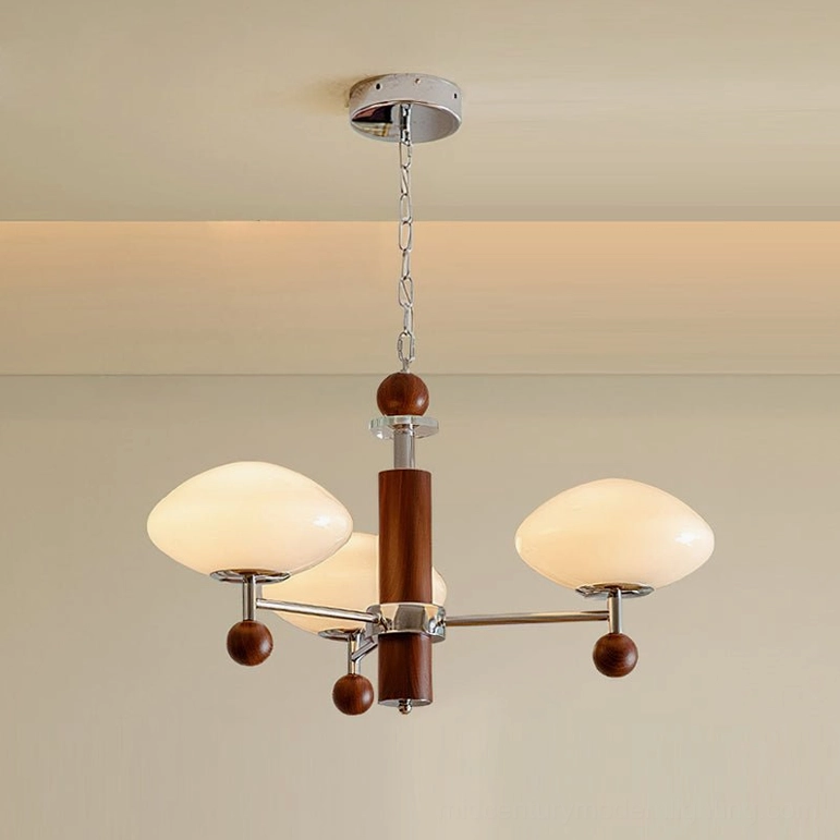 Three-head pointed chandelier chrome and walnut - compact mid-century modern pendant light for smaller spaces