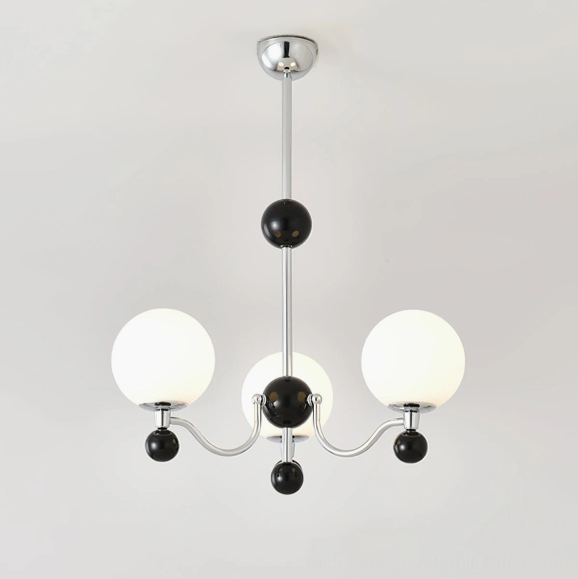 Three-head modern spherical chrome chandelier product photograph isolated background