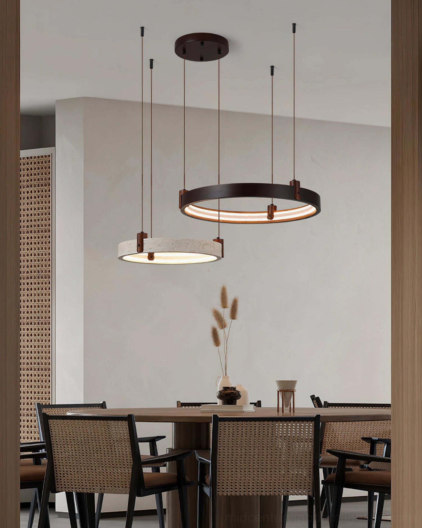 Three-head travertine ring chandelier installed in contemporary wooden dining room, creating two-tone wabi-sabi ambient dining illumination
