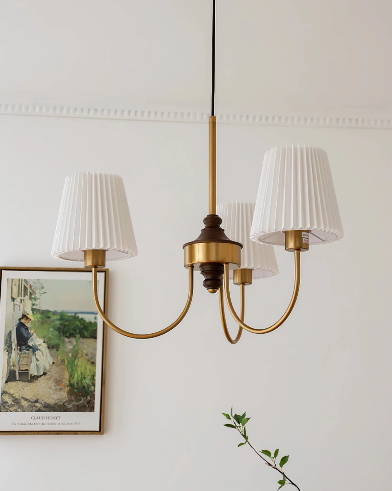Compact 3-head solid wood chandelier with fabric shades above landscape painting