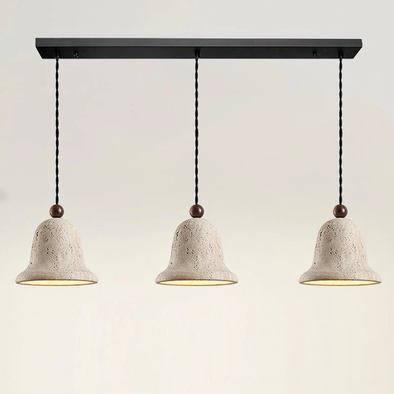 Three-light linear travertine bell pendant set with black metal ceiling bar and twisted cords