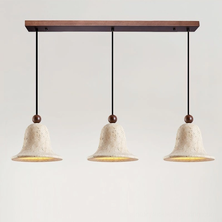 Three-light travertine bell pendant with wood grain ceiling bar and illuminated stone shades