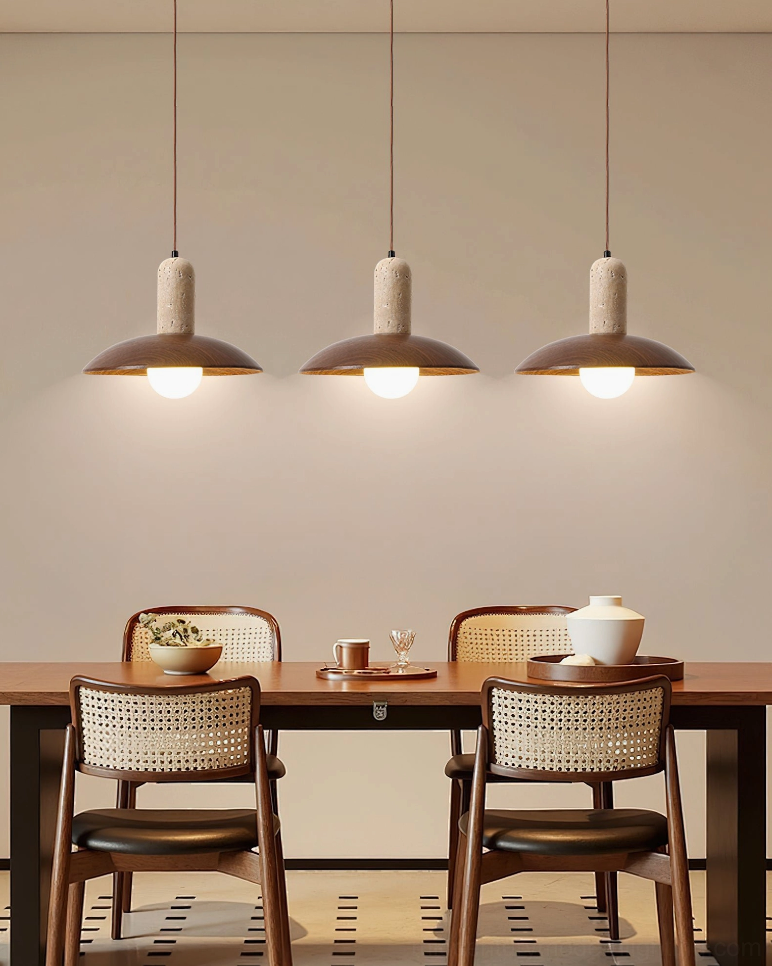 Triple molly travertine pendant lights coordinated above wooden dining table minimalist design