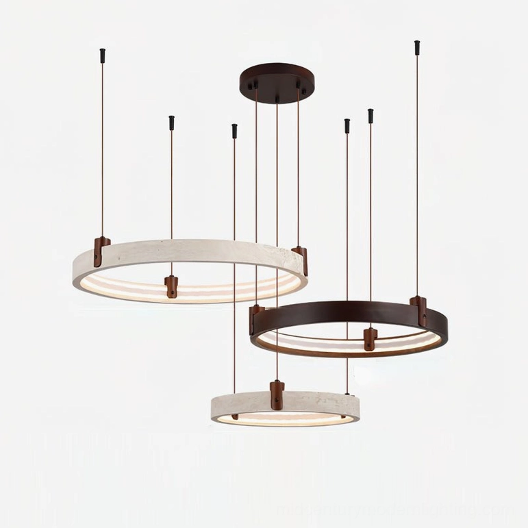 Three-head travertine ring chandelier with three-tier ring configuration and warm white integrated LED in modern interior