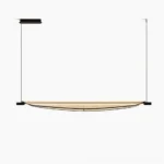 Thula linear rattan chandelier overhead front view with natural woven shade and black metal fixtures on white background